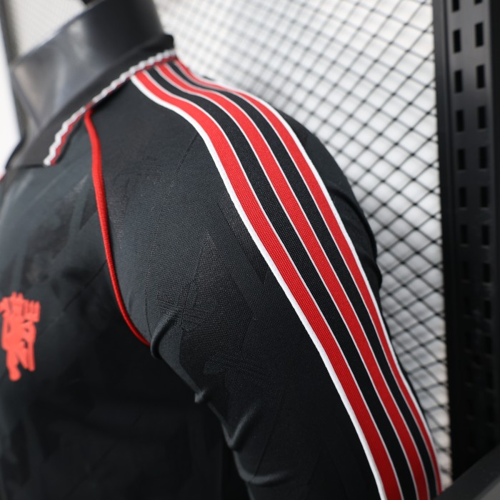 Long Sleeve Retro Model 2024-2025 Manchester United Black Cotton Soccer Jersey Football Top