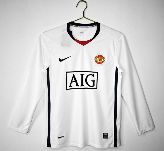 Retro Jersey Long Sleeve 2008-2009 Manchester United Away White Soccer Jersey Vintage Football Shirt