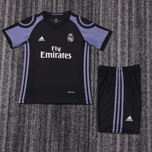 Retro Youth Uniform Kids Kit 2016-2017 Real Madrid Third Away Black Soccer Jersey Shorts Vintage Child Football Set