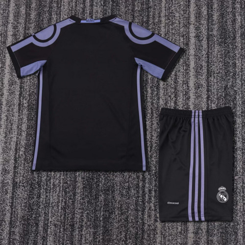 Retro Youth Uniform Kids Kit 2016-2017 Real Madrid Third Away Black Soccer Jersey Shorts Vintage Child Football Set