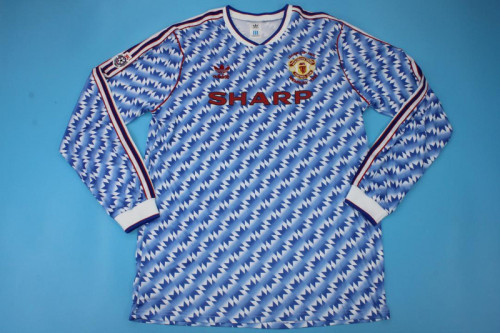 with Patch Retro Jersey Long Sleeve Manchester United League Cup Final Wembley 1992 Blue Soccer Jersey Vintage Football Shirt