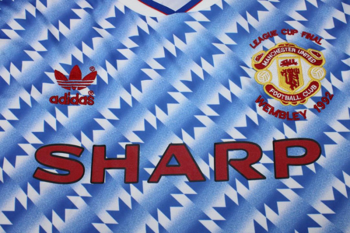 with Patch Retro Jersey Long Sleeve Manchester United League Cup Final Wembley 1992 Blue Soccer Jersey Vintage Football Shirt