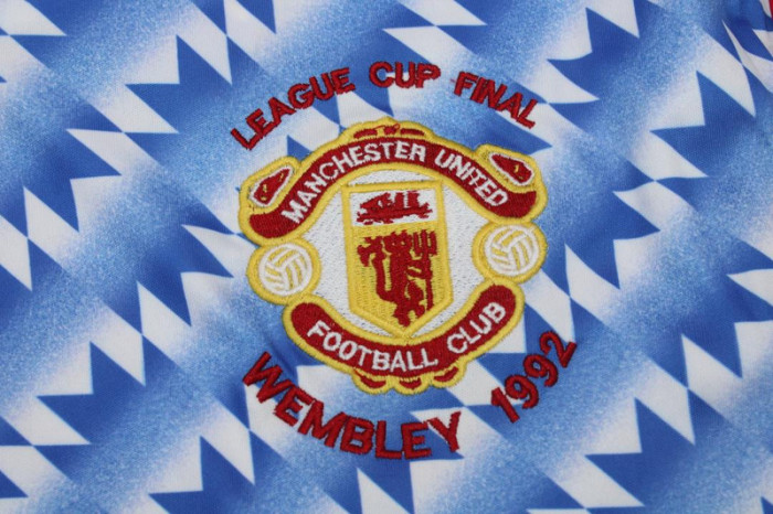 with Patch Retro Jersey Long Sleeve Manchester United League Cup Final Wembley 1992 Blue Soccer Jersey Vintage Football Shirt