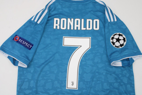 with Scudetto+UCL Patch Retro Jersey 2019-2020 Juventus RONALDO 7 Third Away Blue Soccer Jersey Vintage Maillot de Foot