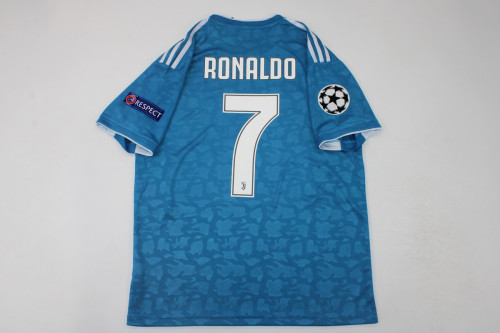 with Scudetto+UCL Patch Retro Jersey 2019-2020 Juventus RONALDO 7 Third Away Blue Soccer Jersey Vintage Maillot de Foot