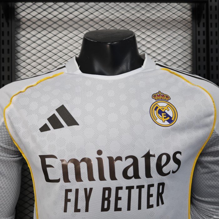 with HP Logo Long Sleeve Player Version 2025-2026 Real Madrid Home Soccer Jersey Real Football Shirt