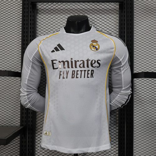 with HP Logo Long Sleeve Player Version 2025-2026 Real Madrid Home Soccer Jersey Real Football Shirt