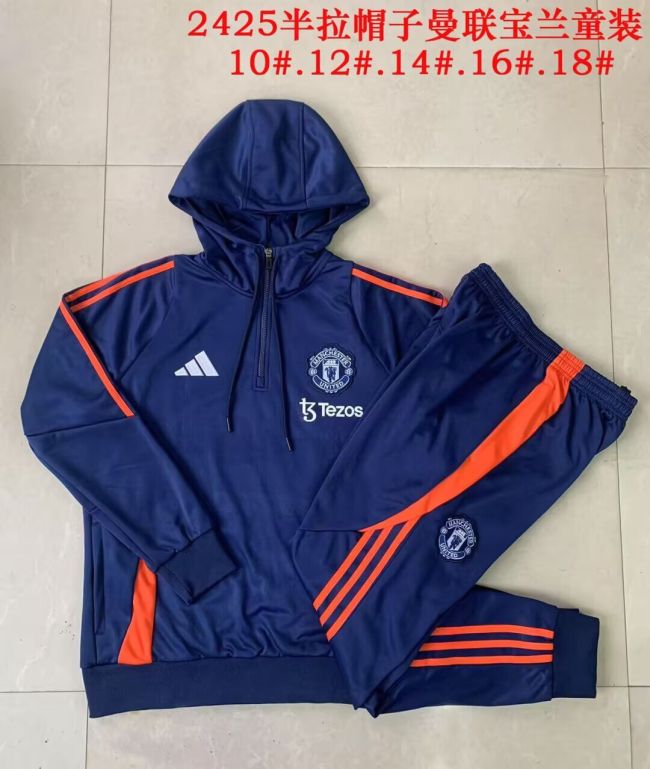 with Caps Youth 2025 Manchester United Dark Blue Soccer Training Hoodie and Pants Child Football Kit