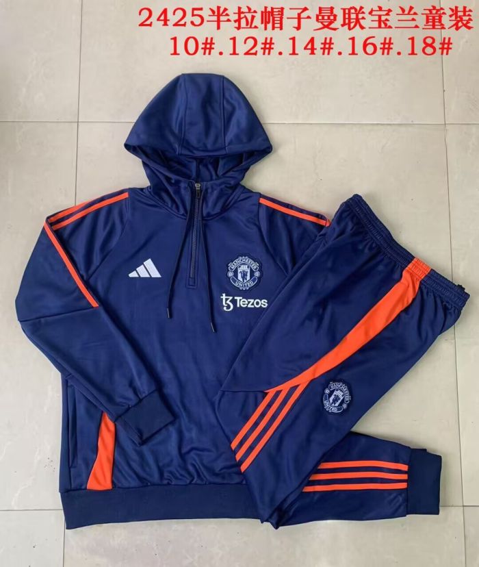 with Caps Youth 2025 Manchester United Dark Blue Soccer Training Hoodie and Pants Child Football Kit