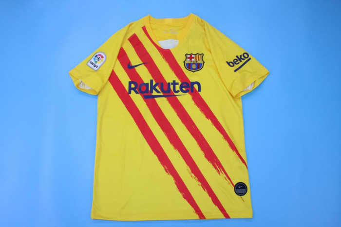 with LFP Patch Retro Jersey 2019-2020 Barcelona 25 AUBAMEYANG 4th Away Yellow Soccer Jersey Vintage Football Shirt