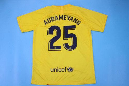 with LFP Patch Retro Jersey 2019-2020 Barcelona 25 AUBAMEYANG 4th Away Yellow Soccer Jersey Vintage Football Shirt