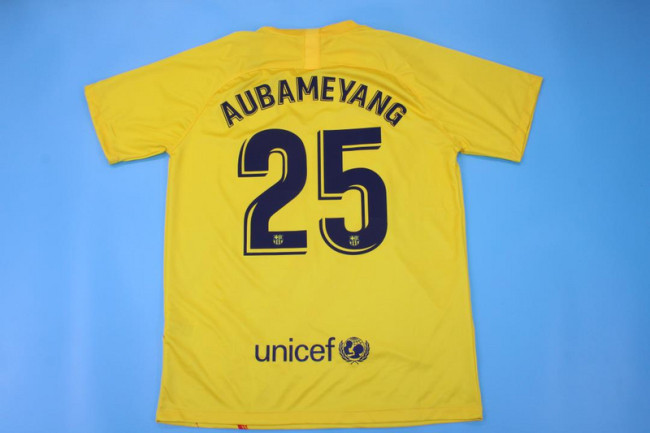 with LFP Patch Retro Jersey 2019-2020 Barcelona 25 AUBAMEYANG 4th Away Yellow Soccer Jersey Vintage Football Shirt