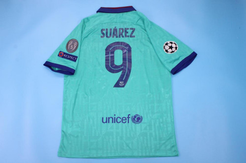 with UCL Patch Retro Jersey 2019-2020 Barcelona SUAREZ 9 Third Away Blue Soccer Jersey Vintage Football Shirt
