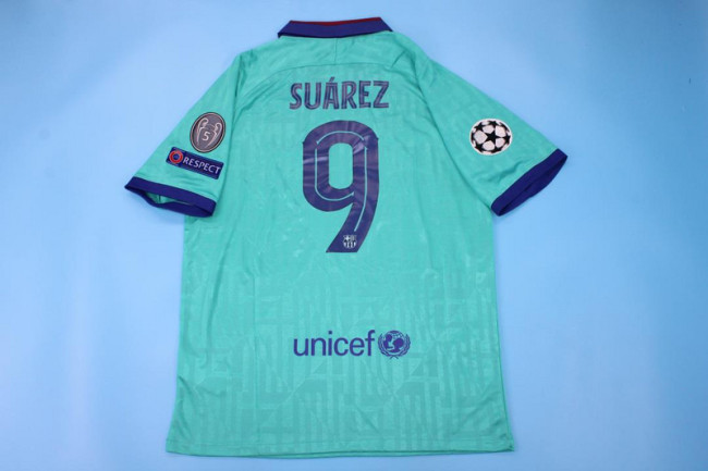 with UCL Patch Retro Jersey 2019-2020 Barcelona SUAREZ 9 Third Away Blue Soccer Jersey Vintage Football Shirt