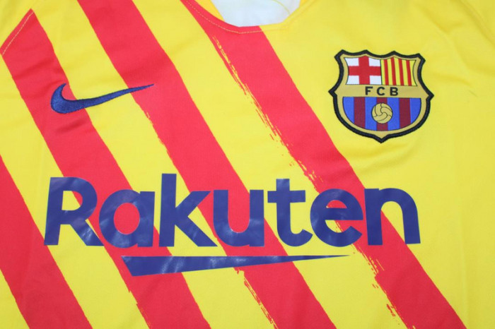with LFP Patch Retro Jersey 2019-2020 Barcelona 4th Away Yellow Soccer Jersey Vintage Football Shirt