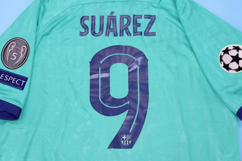 with UCL Patch Retro Jersey 2019-2020 Barcelona SUAREZ 9 Third Away Blue Soccer Jersey Vintage Football Shirt