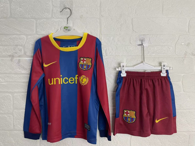 Long Sleeve Retro Youth Uniform Kids Kit 2010-2011 Barcelona Home Soccer Jersey Shorts Vintage Child Football Set
