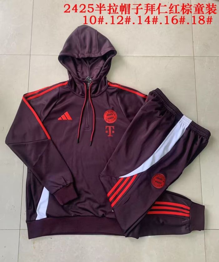with Caps Youth 2025 Bayern Munich Dark Red Soccer Training Hoodie and Pants Child Football Kit
