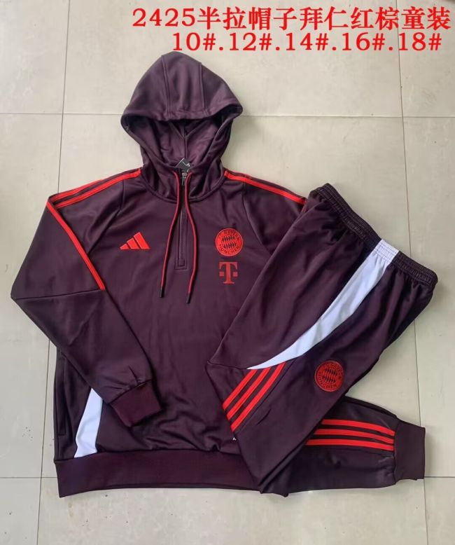 with Caps Youth 2025 Bayern Munich Dark Red Soccer Training Hoodie and Pants Child Football Kit