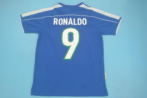 with Front Lettering Retro Jersey 1998 Brazil RONALDO 9 Away Blue Soccer Jersey Vintage Brasil Football Shirt