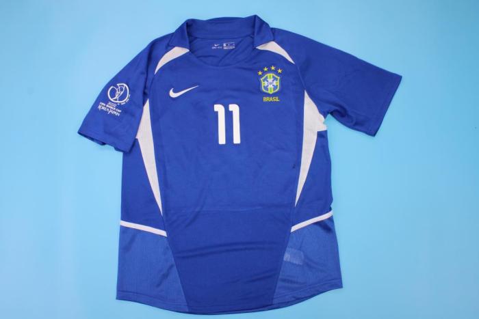 with Patch+Back Singner Retro Jersey 2002 Brazil RONALDINHO 11 Away Blue Soccer Jersey Vintage Brasil Camisetas de Futbol