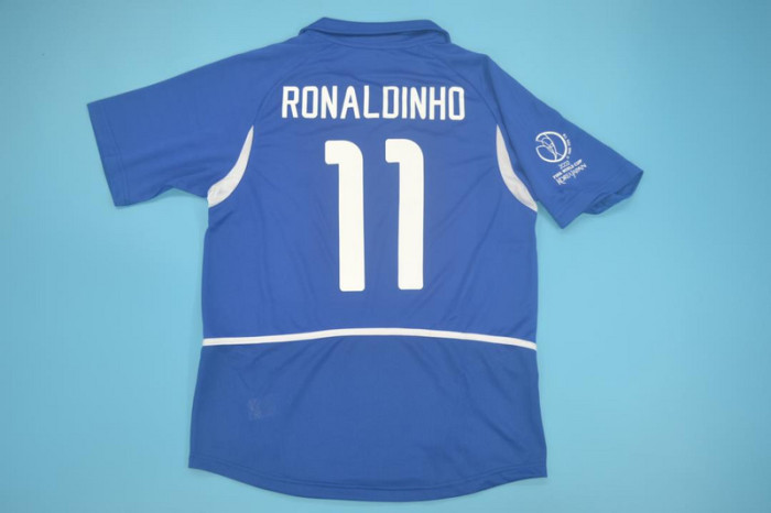 with Patch Retro Jersey 2002 Brazil RONALDINHO 11 Away Blue Soccer Jersey Vintage Brasil Camisetas de Futbol