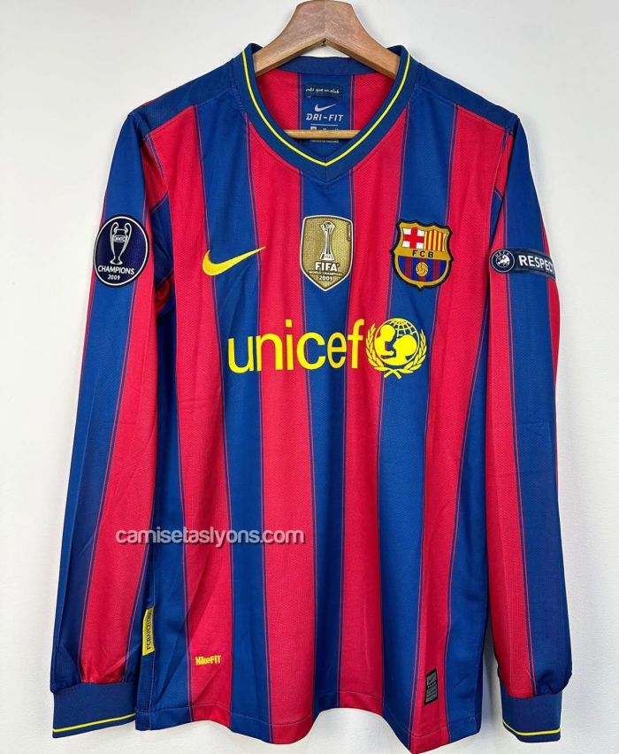 with Golden FIFA+Champions 2009 Patch Retro Jersey Long Sleeve 2009-2010 Barcelona Home Soccer Jersey Vintage Football Shirt