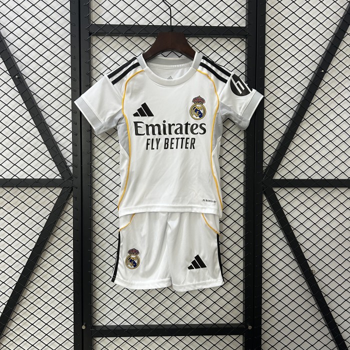 Youth Uniform Kids Kit 2025-2026 Real Madrid Home Soccer Jersey Shorts Child Football Set