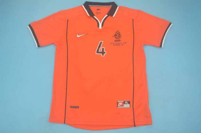with Front Lettering Retro Jersey 1998 Netherlands F. de BOER 4 Home Soccer Jersey Vintage Holland Football Shirt