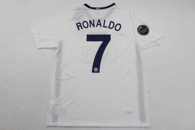 with Front Lettering+UCL Patch Retro Jersey 2008-2009 Manchester United RONALDO 7 Away White Soccer Jersey Vintage Football Shirt