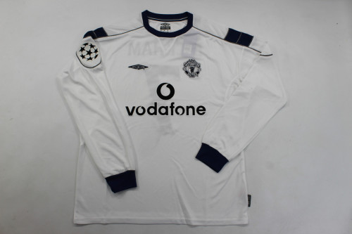with UCL Patch Retro Jersey Long Sleeve 2000-2001 Manchester United Away White Soccer Jersey