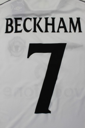 with UCL Patch Retro Jersey Long Sleeve 2000-2001 Manchester United Beckham 7 Away White Soccer Jersey