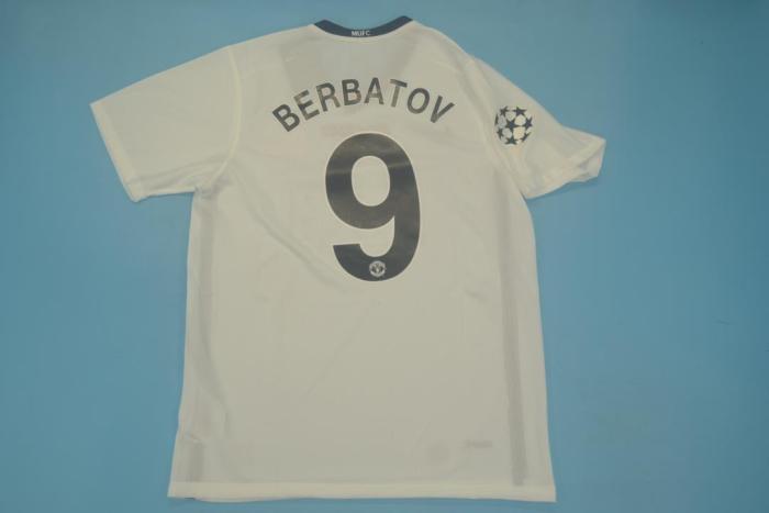 with Front Lettering+UCL Patch Retro Jersey 2008-2009 Manchester United BERBATOV 9 Away White Soccer Jersey Vintage Football Shirt