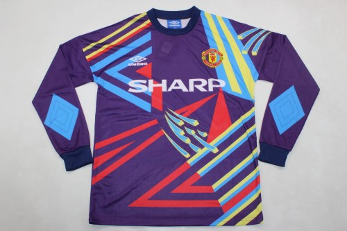 with UCL Patch Long Sleeve Retro Jersey 1992-1993 Manchester United SCHMEICHEL 1 Purple Goalkeeper Soccer Jersey Vintage Football Shirt