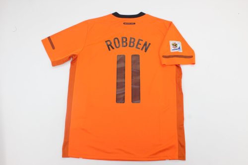 with Front Lettering+World Cup Patch Retro Jersey 2010 Netherlands ROBBEN 11 Home Soccer Jersey Vintage Holland Football Shirt