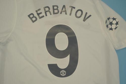with Front Lettering+UCL Patch Retro Jersey 2008-2009 Manchester United BERBATOV 9 Away White Soccer Jersey Vintage Football Shirt