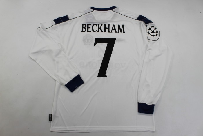 with UCL Patch Retro Jersey Long Sleeve 2000-2001 Manchester United Beckham 7 Away White Soccer Jersey