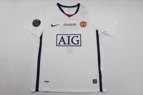 with Front Lettering+UCL Patch Retro Jersey 2008-2009 Manchester United Away White Soccer Jersey Vintage Football Shirt