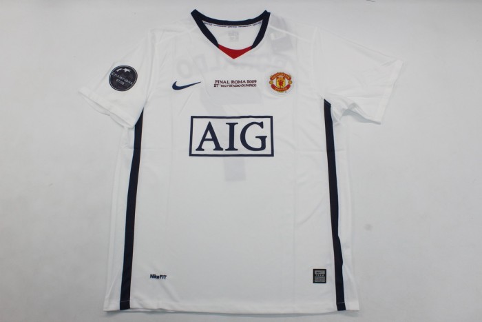 with Front Lettering+UCL Patch Retro Jersey 2008-2009 Manchester United BERBATOV 9 Away White Soccer Jersey Vintage Football Shirt