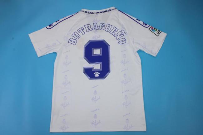 with Front Lettering+LFP Patch Retro Jersey 1996-1997 Real Madrid BUTRAGUENO 9 Home White Soccer Jersey Vintage Football Shirt