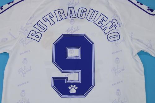 with Front Lettering+LFP Patch Retro Jersey 1996-1997 Real Madrid BUTRAGUENO 9 Home White Soccer Jersey Vintage Football Shirt