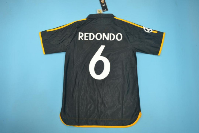 with UCL Patch Retro Jersey 1999-2000 Real Madrid REDONDO 6 Away Black Soccer Jersey Vintage Football Shirt