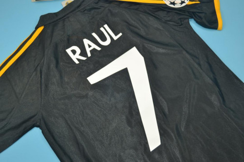 with UCL Patch Retro Jersey 1999-2000 Real Madrid RAUL 7 Away Black Soccer Jersey Vintage Football Shirt