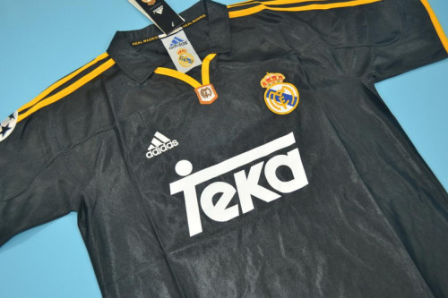 with UCL Patch Retro Jersey 1999-2000 Real Madrid Away Black Soccer Jersey Vintage Football Shirt