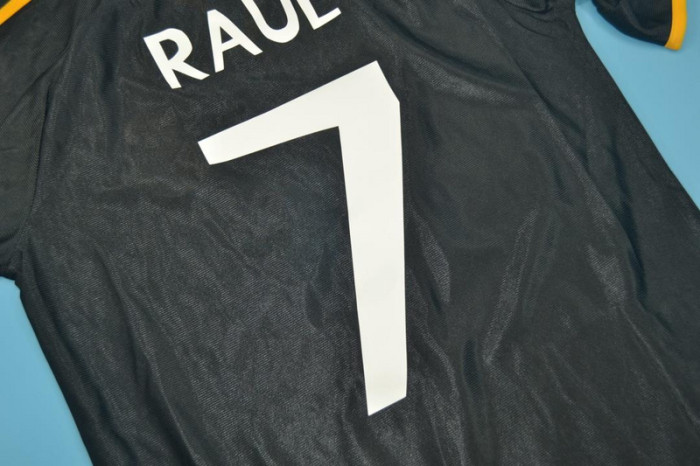 with UCL Patch Retro Jersey 1999-2000 Real Madrid RAUL 7 Away Black Soccer Jersey Vintage Football Shirt