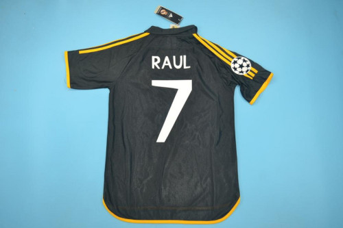 with UCL Patch Retro Jersey 1999-2000 Real Madrid RAUL 7 Away Black Soccer Jersey Vintage Football Shirt
