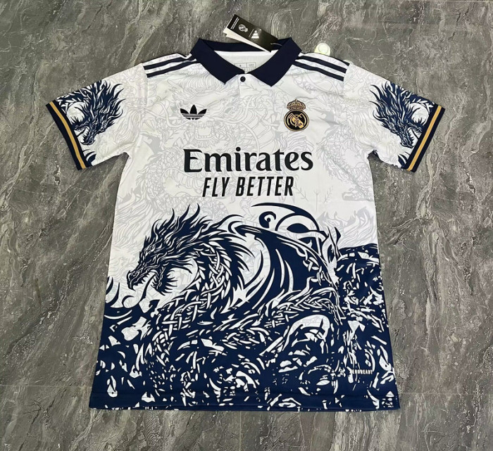Fan Version Real Madrid 2025-2026 White/Dark Blue Dragon Soccer Jersey Real Football Shirt