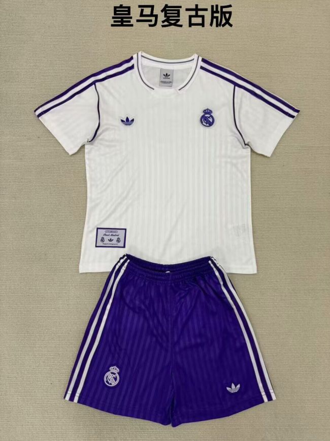 Youth Uniform Kids Kit 2025-2026 Real Madrid White Retro Model Soccer Jersey Shorts Child Football Set