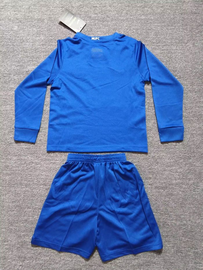 Long Sleeve Retro Youth Uniform Kids Kit 2008-2009 Manchester United Away Blue Soccer Jersey Shorts Vintage Child Football Set