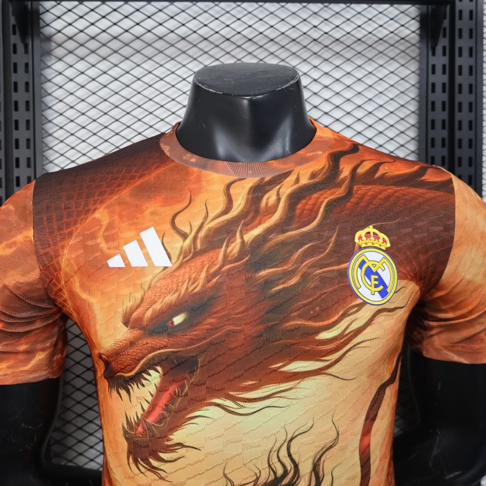 Player Version 2025-2026 Real Madrid Orange Dragon Soccer Jersey Real Football Shirt